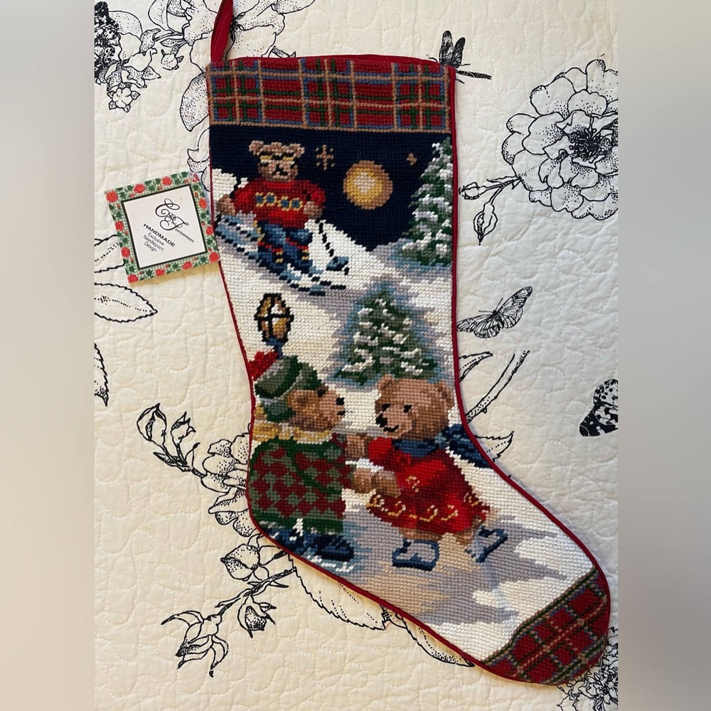 Skating Bears Ralph Lauren Inspired Christmas Needlepoint Stockings New